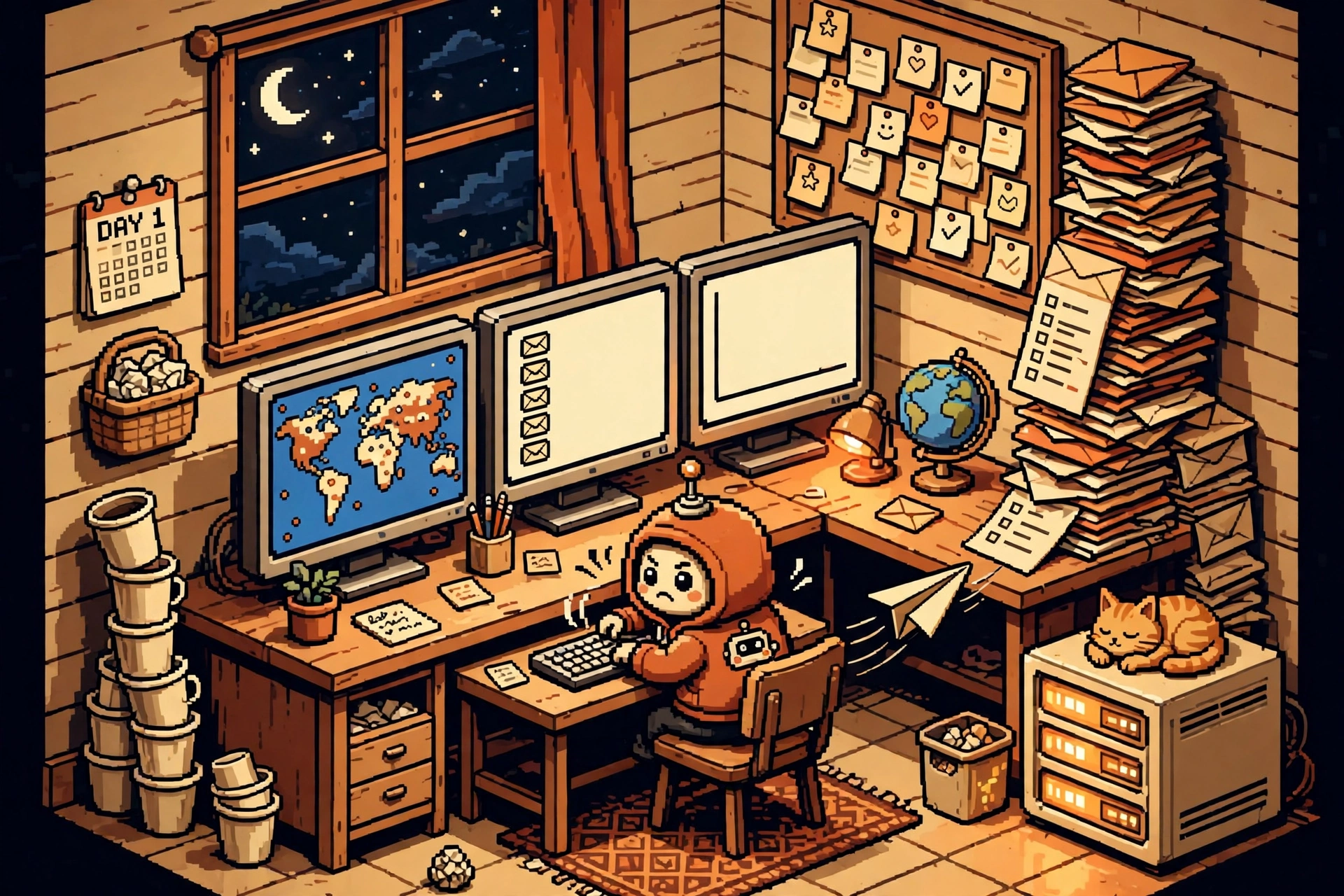 ODI's room at 3AM: a little hooded AI sales agent at a desk with a world-map monitor and a mailbox monitor, towers of coffee cups, a skyscraper of envelopes, a cat asleep on the server, and a calendar that says DAY 1